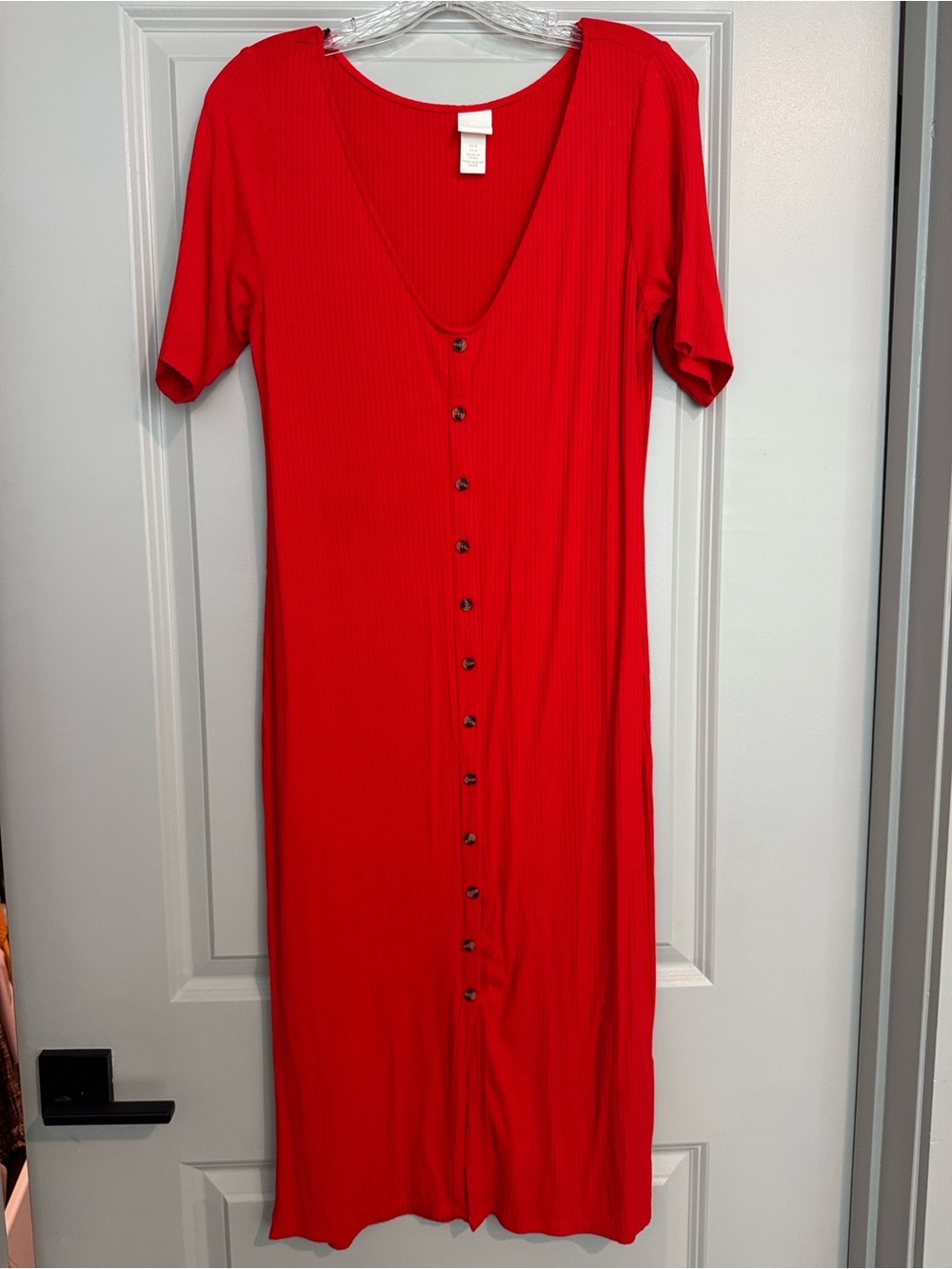 H&M Bright Red Ribbed Button-Front Midi Dress - Picture 3 of 5